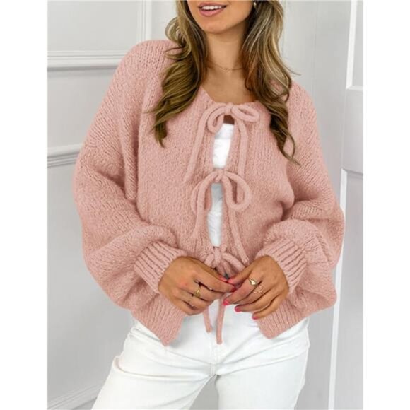 Women's Tie Front Bow Cardigan Sweaters Chunky Knit Long Puff - Picture 4 of 7
